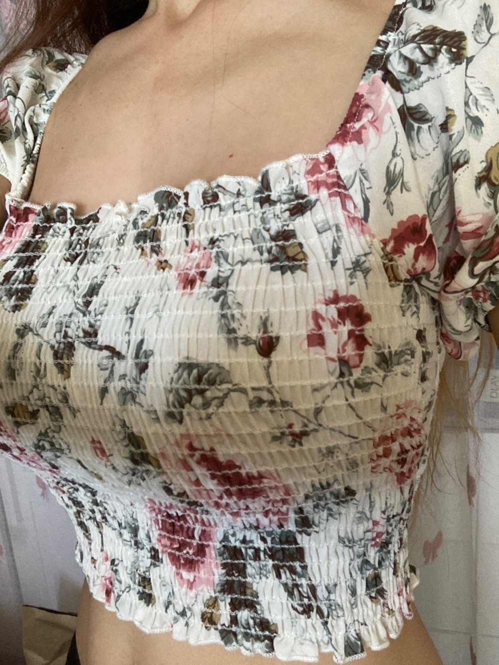 New cream white pink floral print smocked off shoulder crop top s